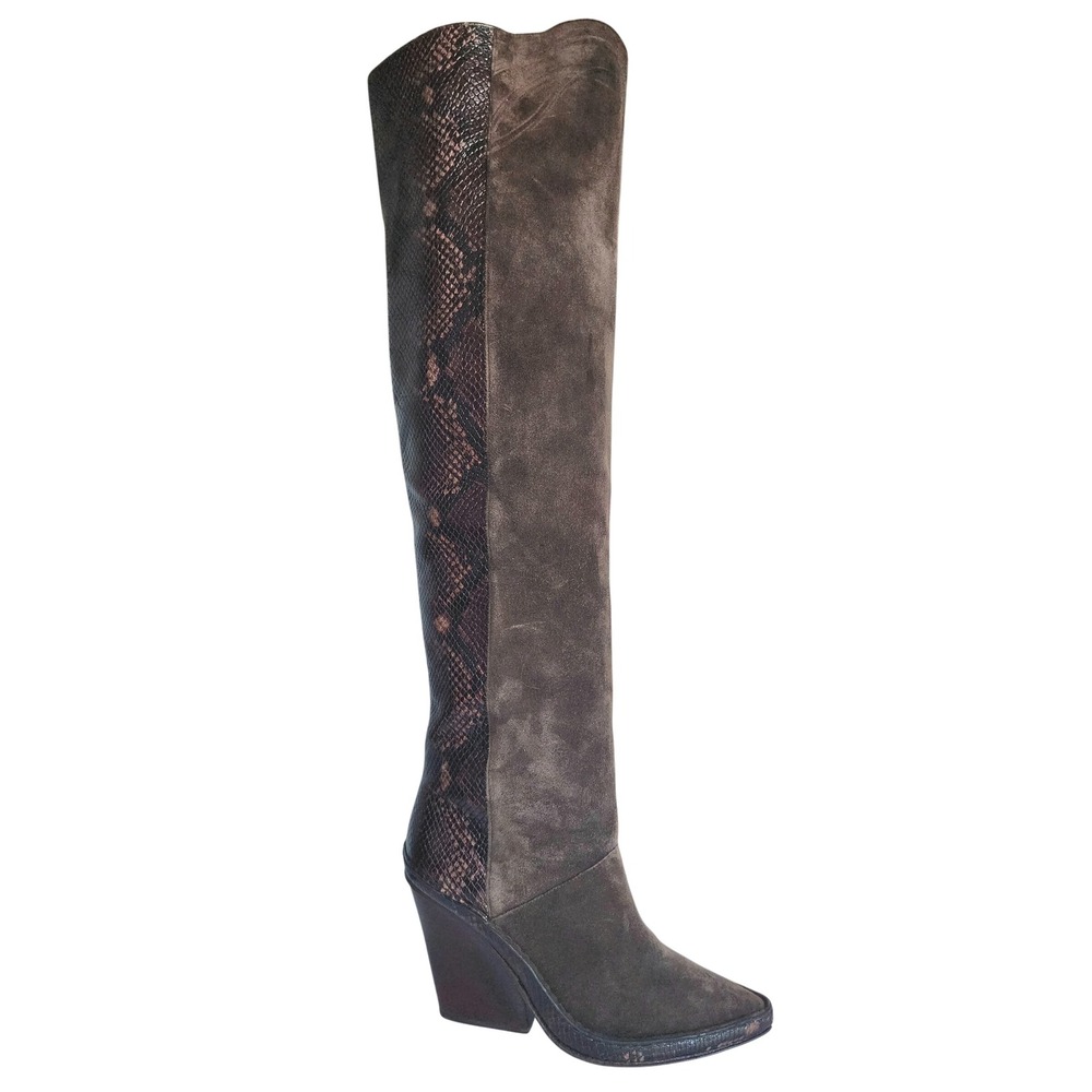 Tory Burch Brown Suede Snake Embossed Leather Over The Knee Wedge Boots Size 9